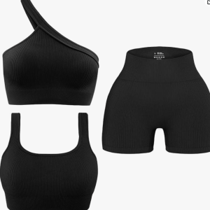 Womens 3 Piece Workout Sets - Seamless Ribbed Yoga Outfits Sports